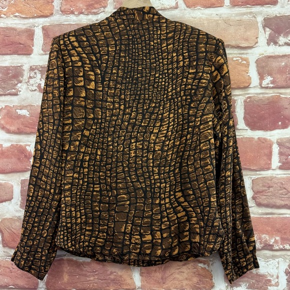VTG Flora Kung Top Shirt Womens 10 Brown Black Abstract 100% Silk Casual Career - Picture 4 of 8